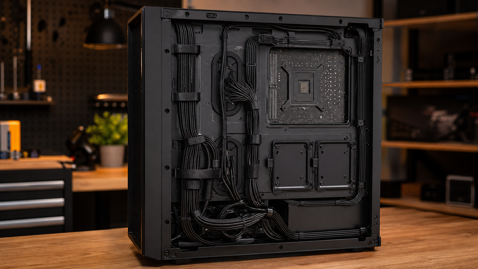 Retro di un case PC con cable management ordinato dietro la piastra madre
