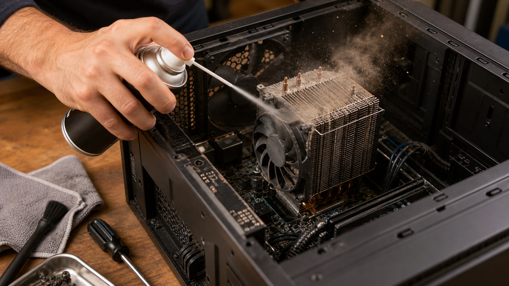 Pulizia interna con aria compressa di un PC per manutenzione periodica